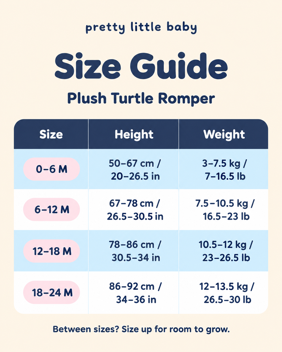 Turtle baby romper size guide 0–24 months