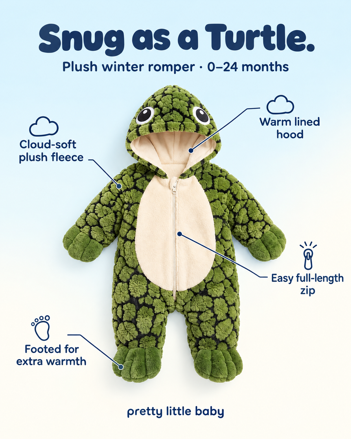 Turtle baby romper features: plush fleece, full-length zip, lined hood, footed
