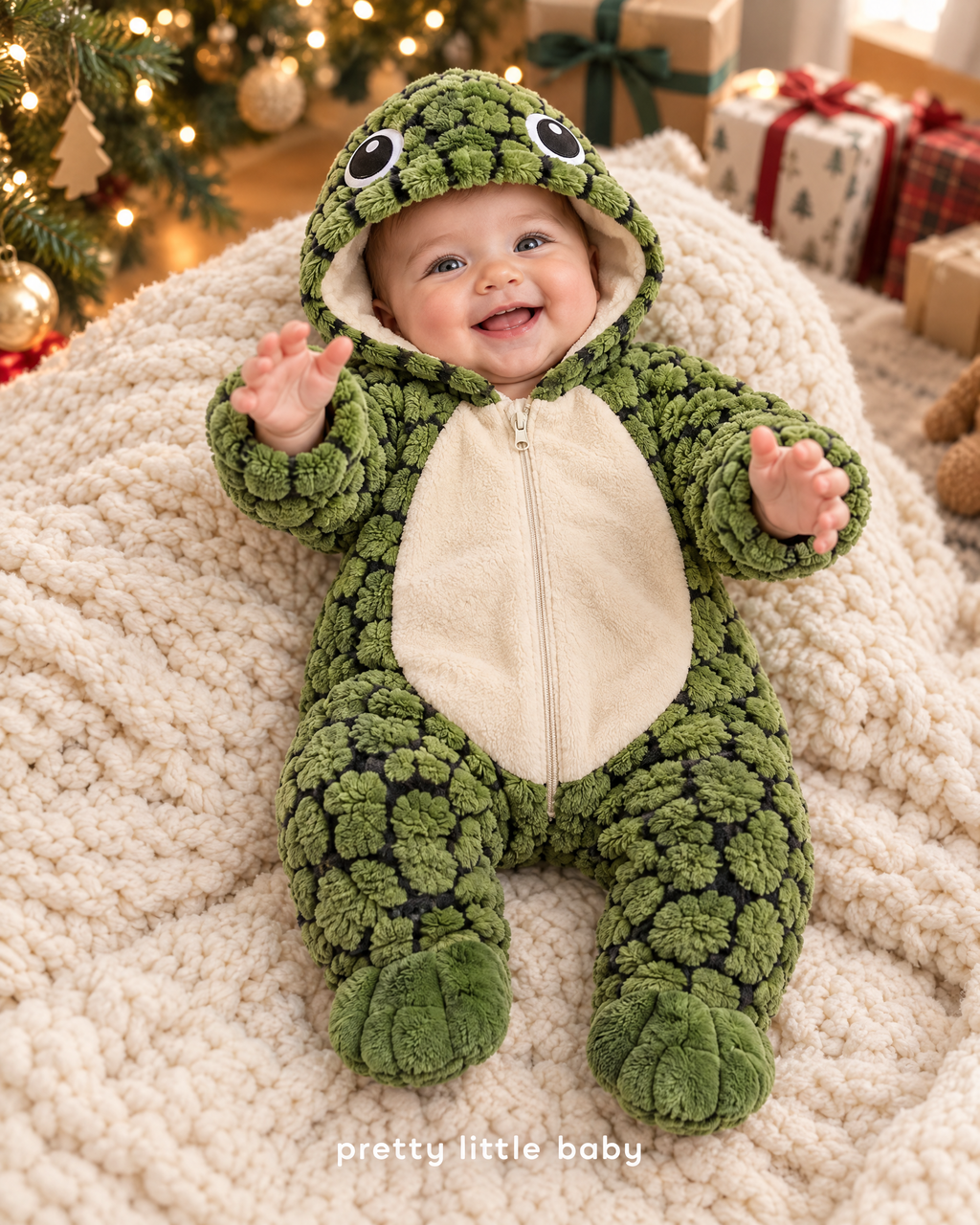 Baby wearing green turtle romper by the Christmas tree – holiday gift idea