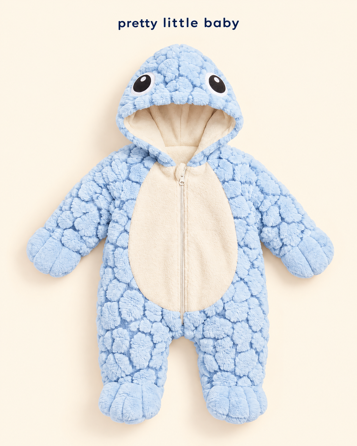 Blue turtle plush baby romper – front view