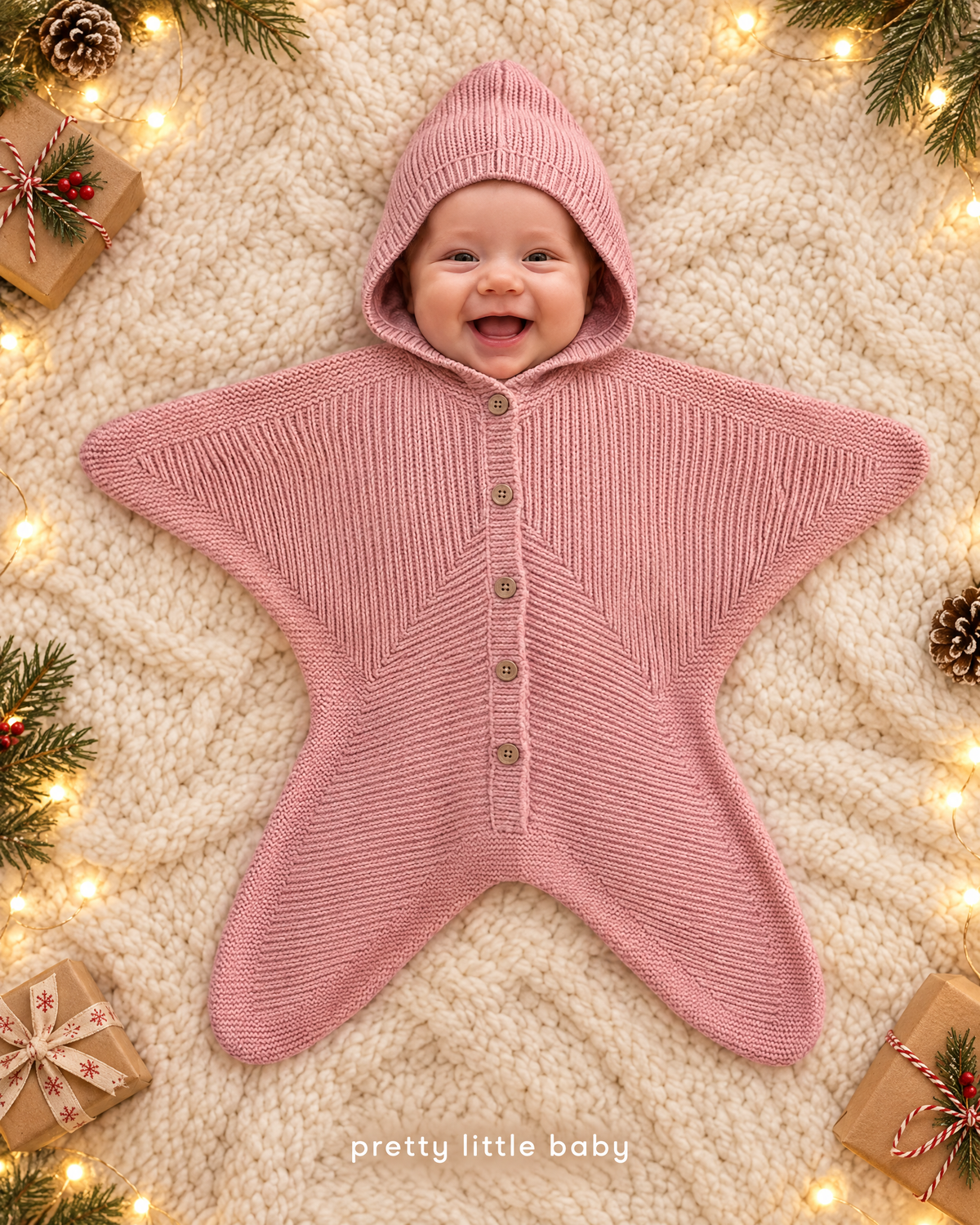 Baby in rose Star Baby romper – first Christmas outfit