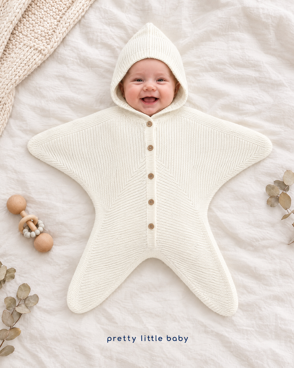 Smiling baby in cream Star Baby knit hooded romper
