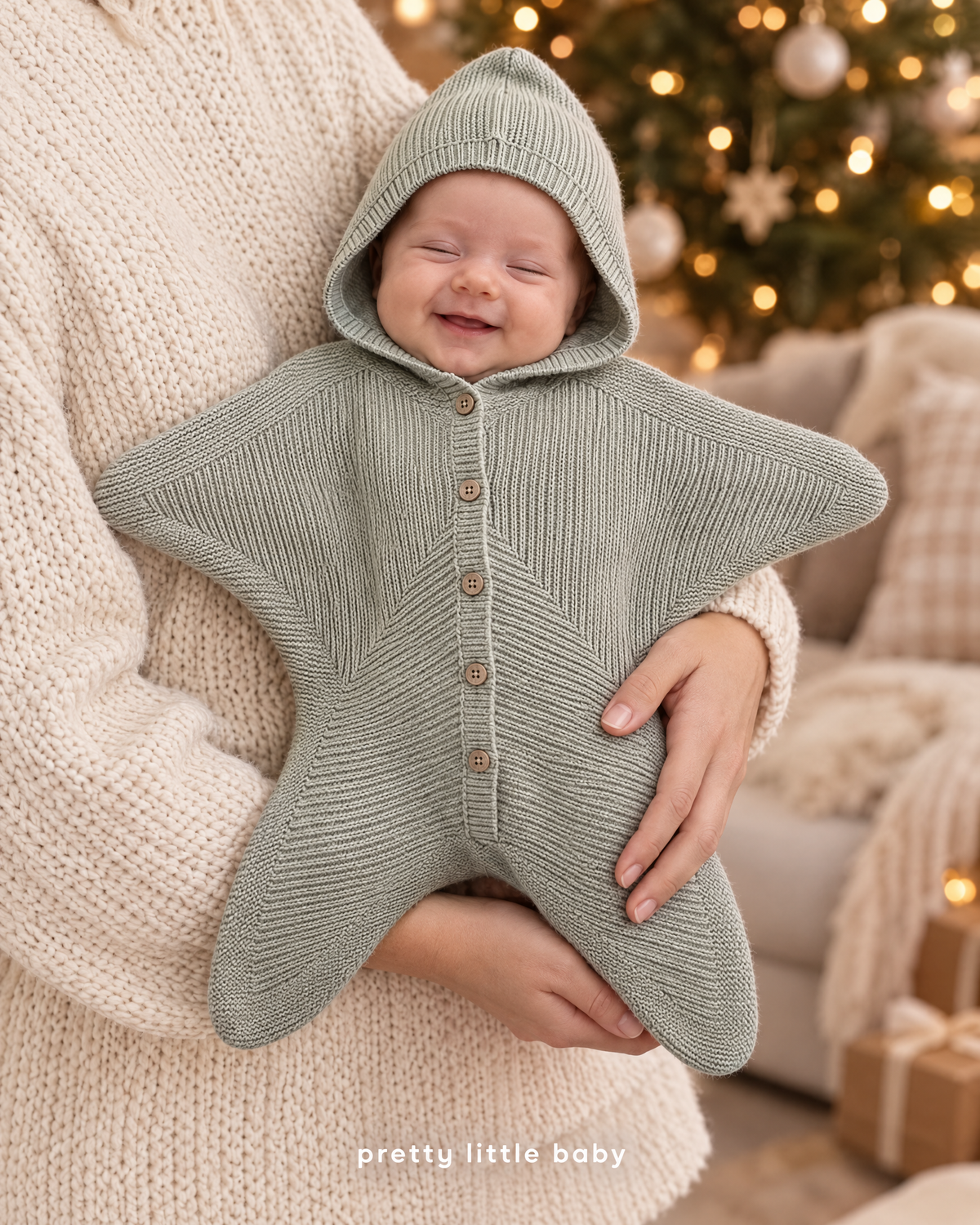 Newborn in sage Star Baby knit romper held by mom