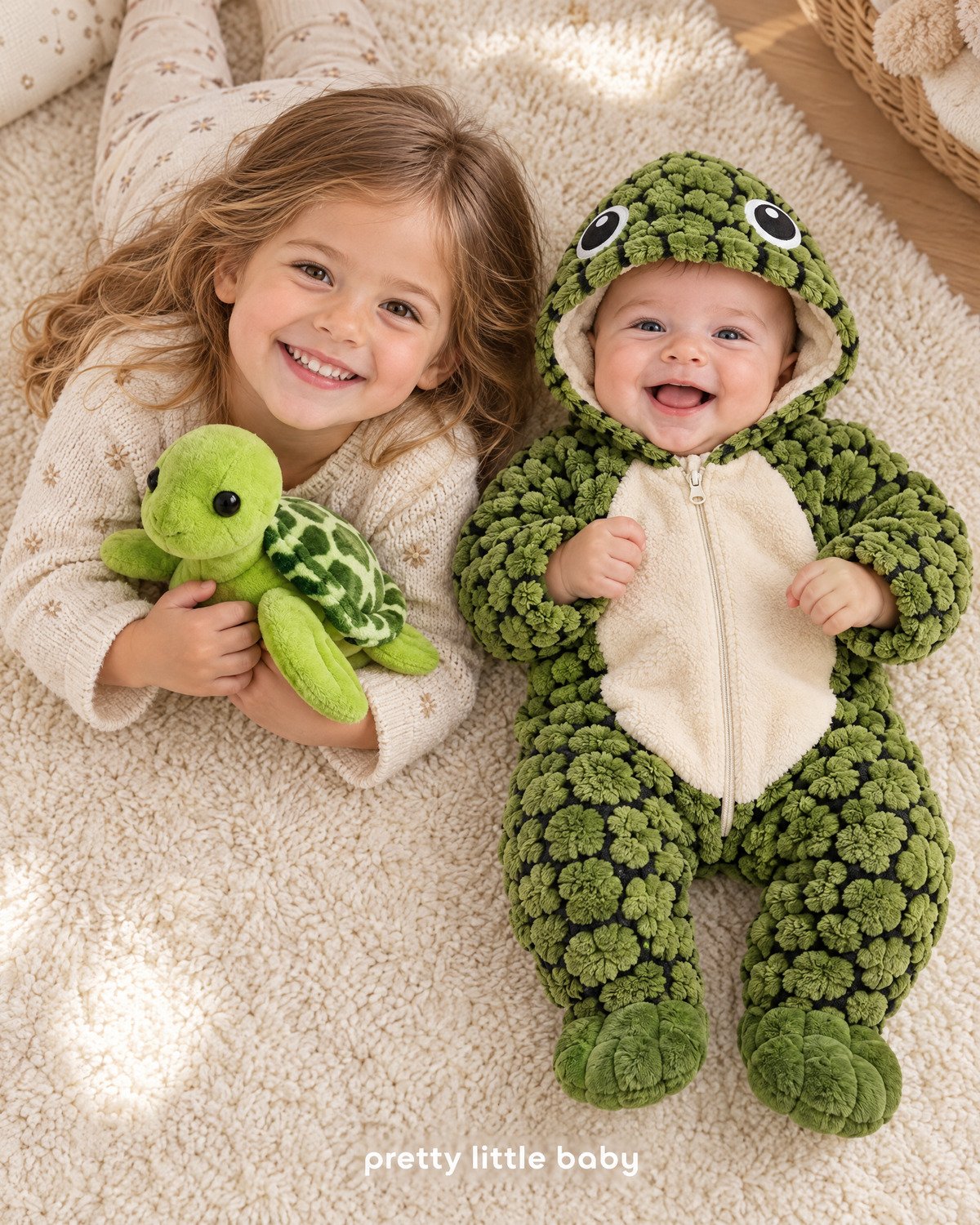 Big sister with Turtle Buddy plush and baby in Turtle Plush Romper