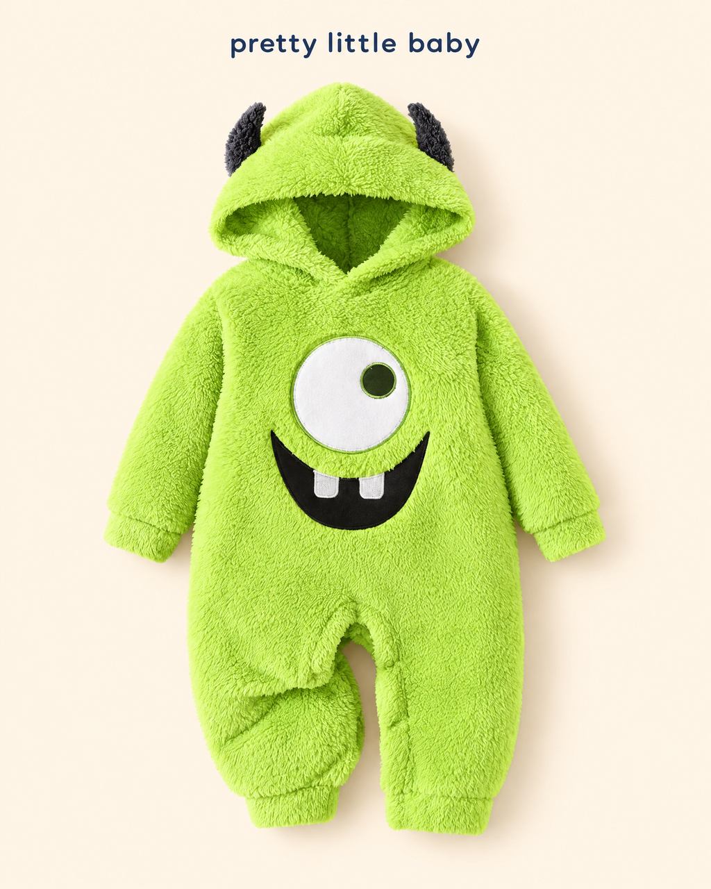 Little Monster hooded plush baby romper – front