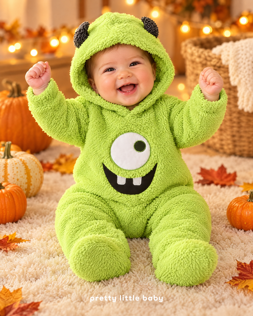 Baby in Little Monster plush romper – first Halloween costume
